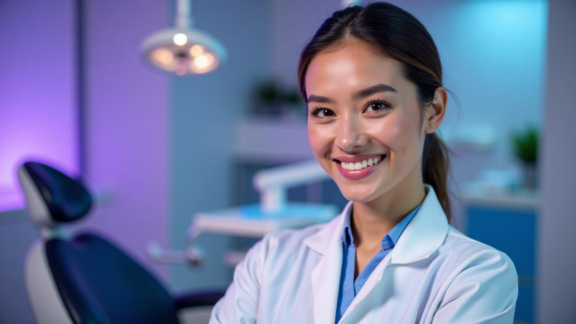 Odontóloga sonriendo en consultorio